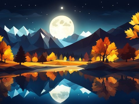 Autumn Night in an Oak Forest by a Reflective Lake