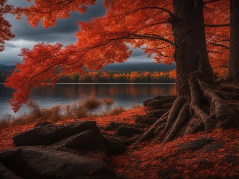 Autumn Trees by a Serene Lake Under Moody Sky