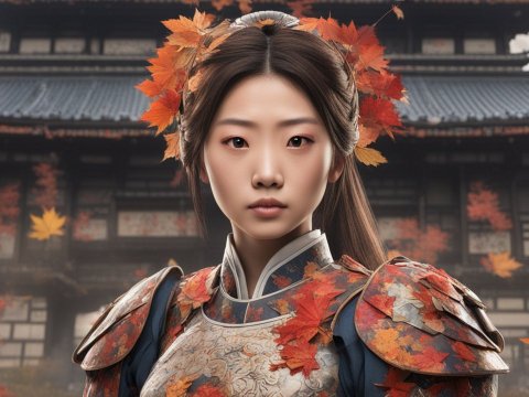 Autumn Warrior in Traditional Armor with Maple Leaves