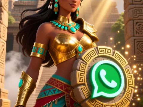 Aztec-Inspired Warrior Woman Holding WhatsApp Shield