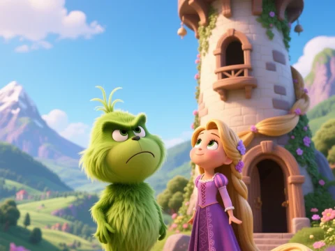 Baby Grinch and Rapunzel Near Tower in Vibrant Fantasy Landscape