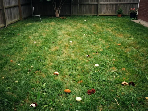 Backyard Lawn with Scattered Mushrooms and Wooden Fence