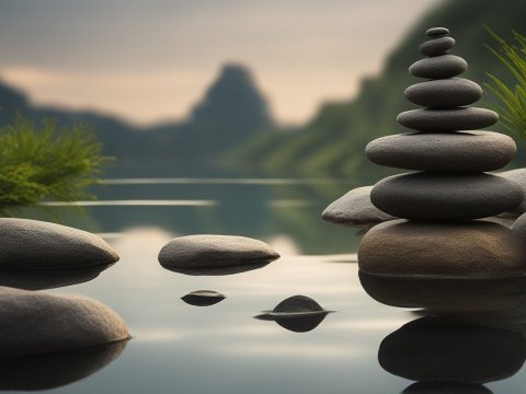 Balanced Stones by a Tranquil Lake at Sunset