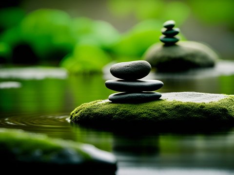 Balanced Zen Stones on Mossy Rocks in Calm Water