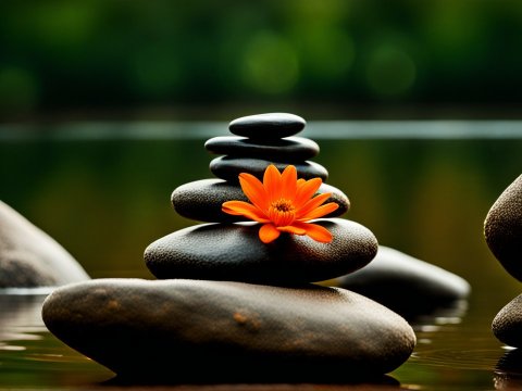 Balanced Zen Stones with Vibrant Orange Flower