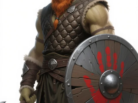 Bald Half-Orc Warrior with Red Beard and Battle Gear