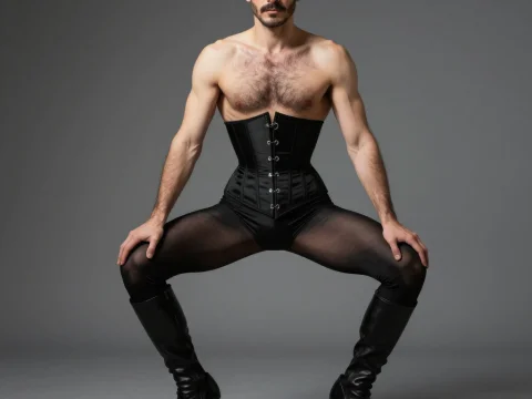 Bald Man in Black Corset and Boots Posing Confidently