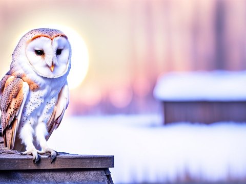 Barn Owl Perched on Roof at Sunset