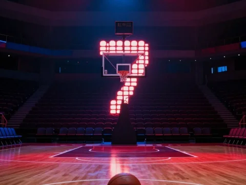 Basketball Court with Illuminated Number Seven on Hoop