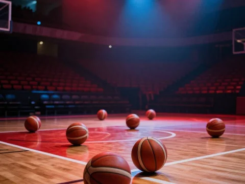 Basketball Court with Multiple Balls Under Dramatic Red and Blue Lighting