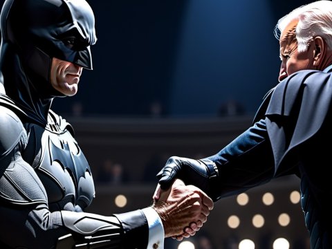Batman and Elderly Man Firm Handshake in Dramatic Spotlight