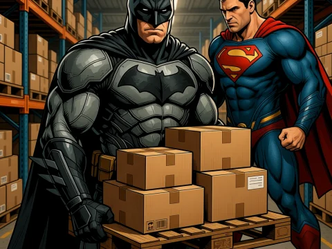 Batman and Superman in Warehouse with Boxes