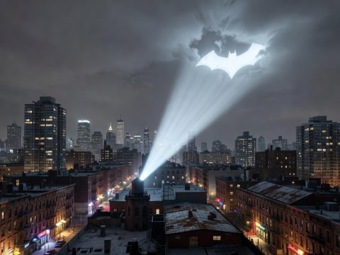 Batman Spotlight Over Brooklyn Night Sky