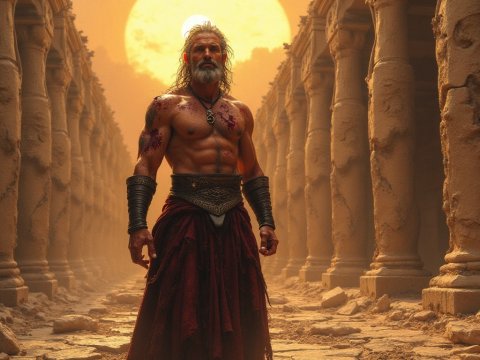 Battle-Hardened Warrior in Ancient Ruins at Sunset