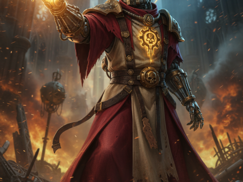 Battle-Scarred Tech Priest in Fiery Ruins
