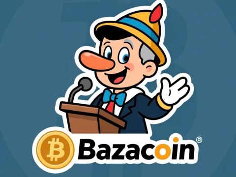 Bazacoin Logo Featuring Cartoon Politician at Podium