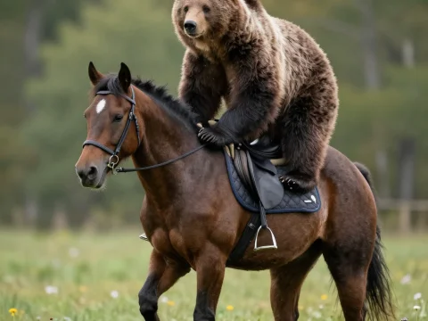 Bear Riding a Horse in a Natural Setting