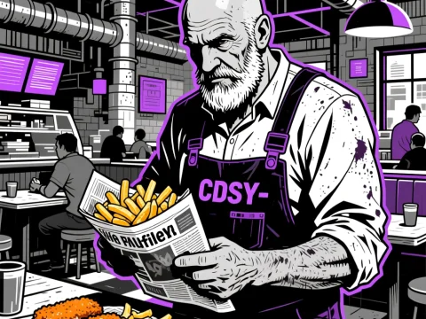 Bearded Man Serving Fries in a Modern Cafe