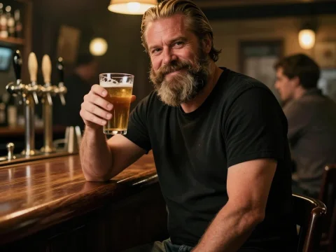 Bearded Man Toasting with Beer at a Cozy Bar