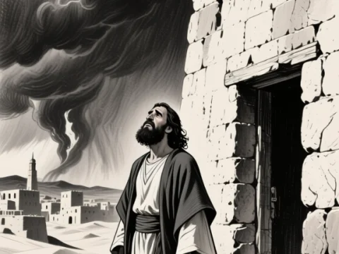 Bearded Man Watching a Storm Over Ancient Desert Town