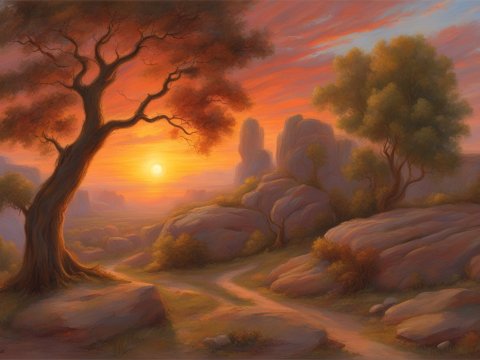 Beautiful Sunset Over Rocky Landscape with Trees