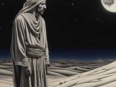 Bedouin Man Standing in Desert Under Moonlit Night