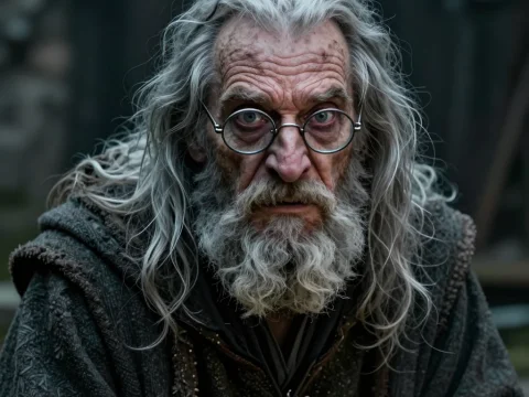 Bedraggled Medieval Wizard with Intense Gaze