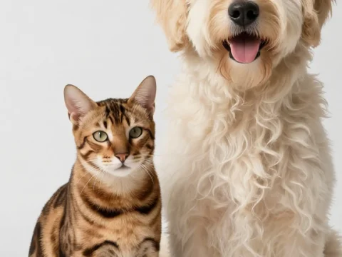Bengal Cat and Maltipoo Dog Sitting Together