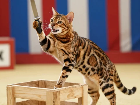 Bengal Cat Holding a Knife Playfully