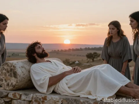 Biblical Scene at Sunrise with Man Resting on Stone and Women Watching