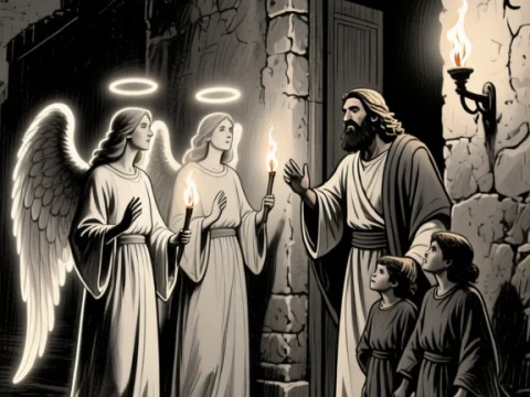 Biblical Scene of Angels Warning a Man and His Children
