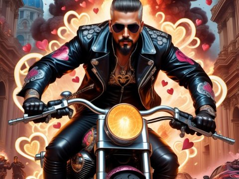 Biker in Leather Jacket Riding Through Fiery Urban Chaos