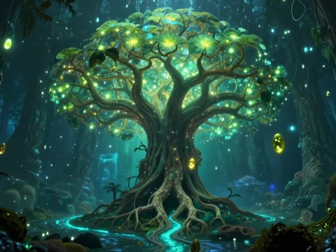 Bioluminescent Alien Tree in Mystical Forest