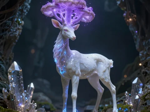 Bioluminescent Marble Deer with Glowing Mushroom Antlers