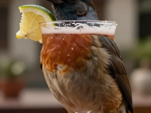 Bird Blended with Cocktail Glass in Realistic Style