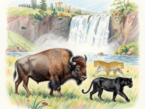 Bison and Big Cats by a Waterfall in Nature