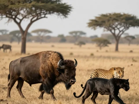 Bison and Leopards in African Savanna