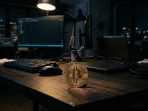 Bitcoin Coin on Office Desk at Night