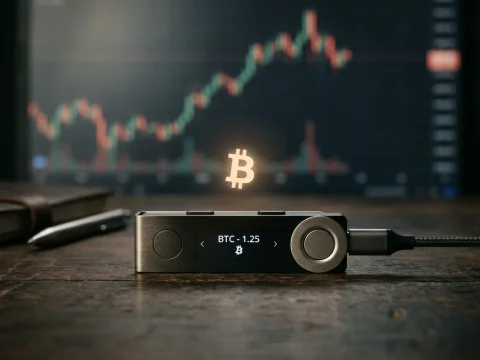 Bitcoin Hardware Wallet with Market Chart in Background