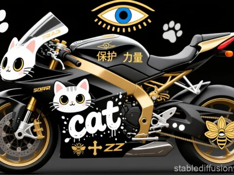 Black and Gold Racing Motorbike with Cute Cat Graphics
