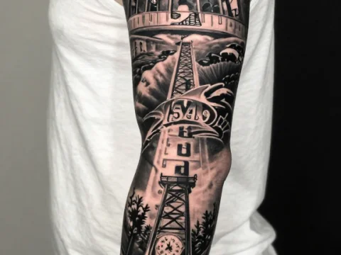 Black and Grey Realistic Alcatraz Tower Tattoo Sleeve
