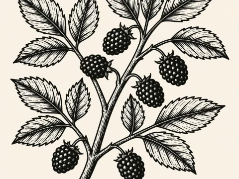 Black and White Botanical Illustration of Blackberry Branch