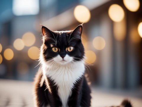 Black and White Cat Sitting with Bokeh Lights