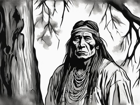 Black and White Comic Drawing of Native American Elder