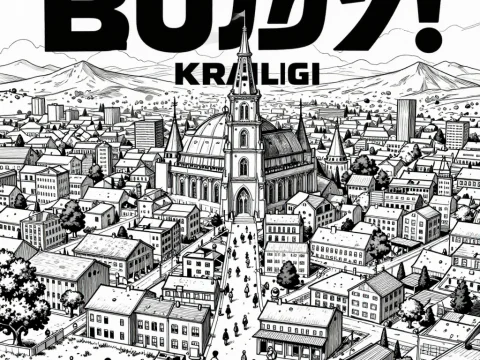 Black and White Detailed Cityscape with Central Cathedral