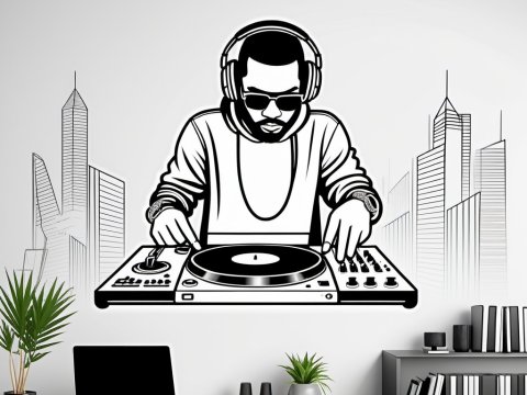 Black and White DJ Wall Art with Cityscape