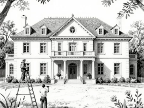 Black and White Drawing of Mansion with Painters