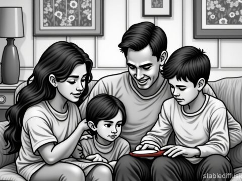 Black and White Family Moment on Couch