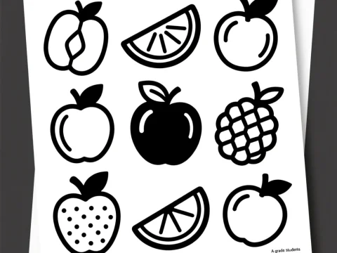 Black and White Fruit Icon Set on Paper