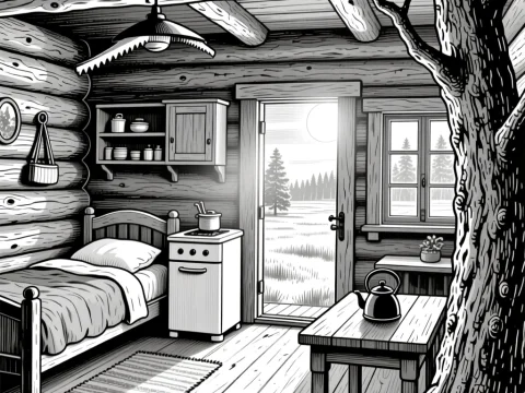 Black and White Illustration of a Medieval Cabin Interior